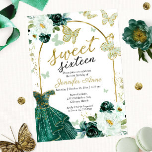 Invitation Robe Florale "Sweet 16" Papillon Vert Emeraude