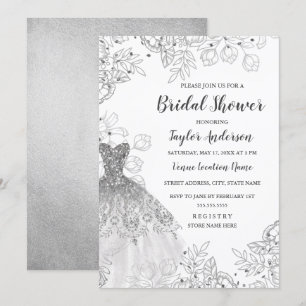 Invitation Robe florale vintage blanc argenté pour douche de 