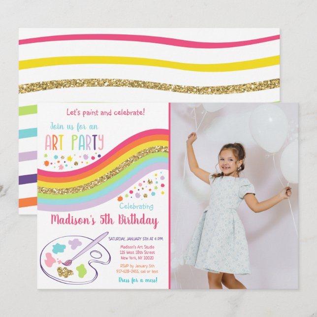 Invitation Robe Gold Rainbow Art Party Pour Un Mess Anniversa (Devant / Derrière)