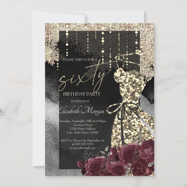 Invitation Robe Gold Sequins Bourgogne Roses 60e anniversaire (Devant)