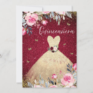 Invitation Robe Magique Or Blush Rose Floral Quinceanera