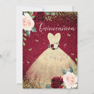 Invitation Robe Magique Or Bourgogne Rouge Floral Quinceanera