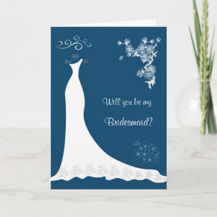 Invitation Robe Mariage blanche, fleur sur le bleu Bridesmaid