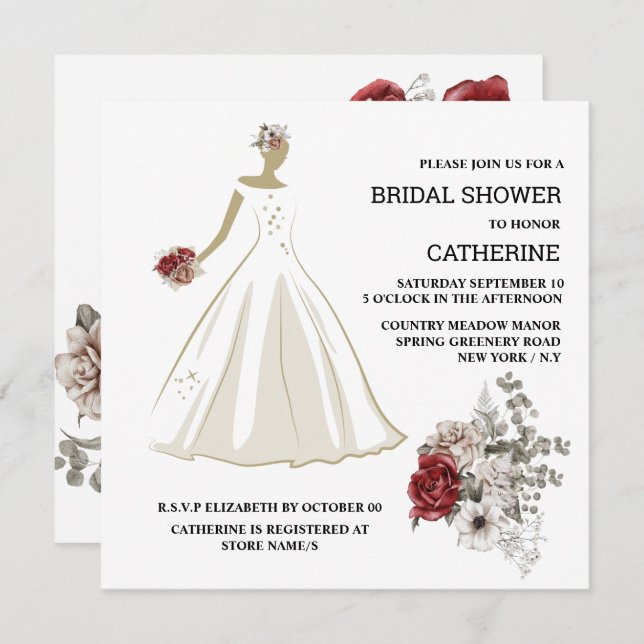 Invitation Robe mariage blanche rouge rose fleurs florales ch (Devant / Derrière)