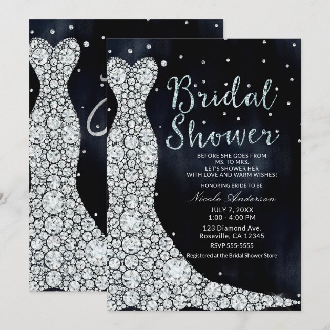 Invitation Robe Mariage Diamant Fête des mariées bleue modern (Devant / Derrière)