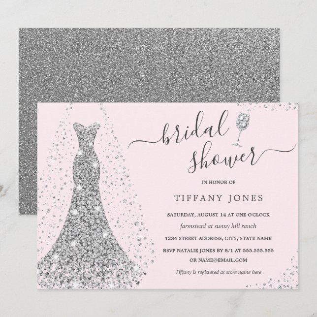 Invitation Robe Mariage rose argent Fête des mariées étincela (Devant / Derrière)