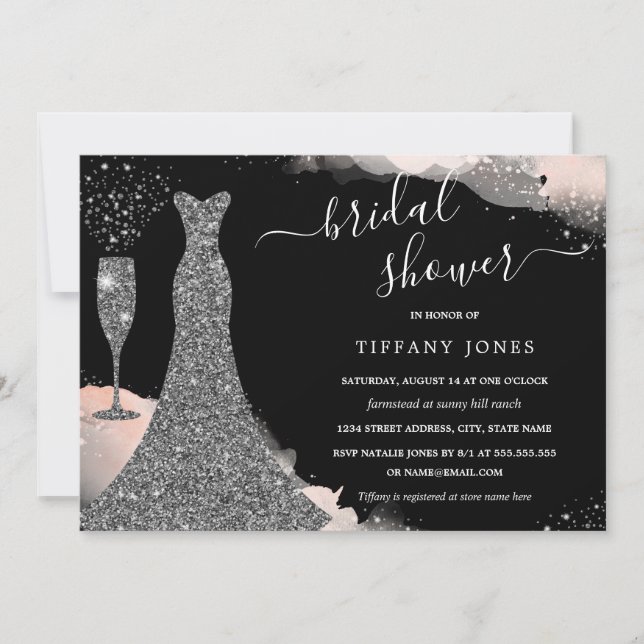 Invitation Robe Mariage rose argent Fête des mariées étincela (Devant)