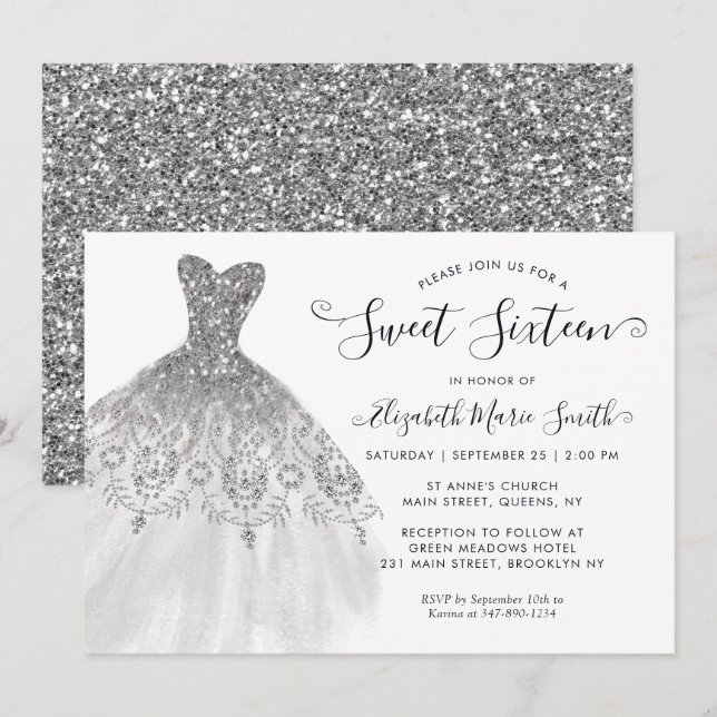 Invitation Robe moderne Parties scintillant gris argent doux  (Devant / Derrière)