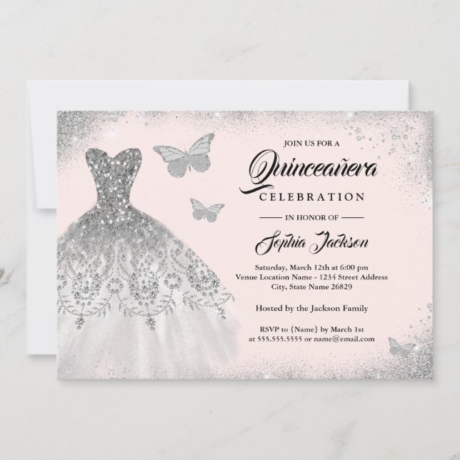 Invitation Robe mousseuse en argent clair papillon Quinceaner (Devant)