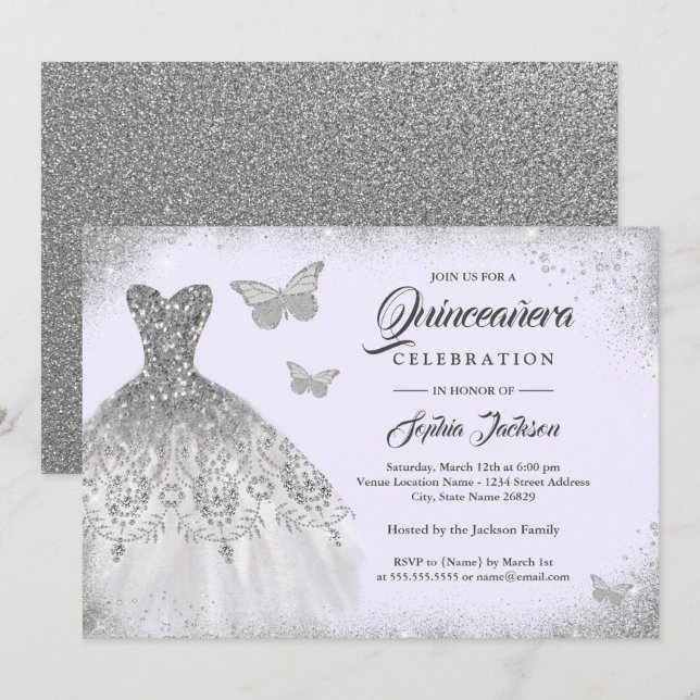 Invitation Robe mousseuse en argent violet papillon Quinceane (Devant / Derrière)