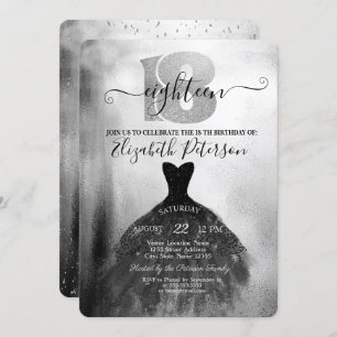 Invitation Robe Noire Chic Argent Confetti 18e anniversaire