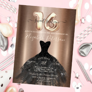 Invitation Robe noire élégante métallique Sweet 16 Party 