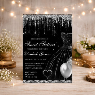 Invitation Robe noire et paillettes argentées qui dégoulinent