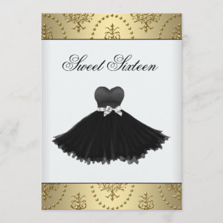 Invitation Robe noire lustre doré Sweet Sixteen Anniversaire