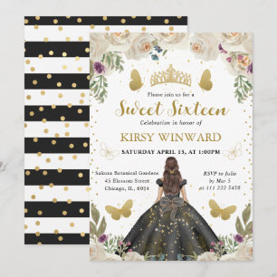 Invitation Robe noire princesse brune Sweet 16