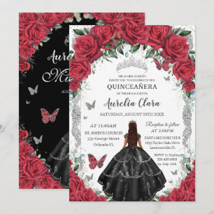 Invitation Robe noire Quinceañera Roses rouges Roses florales