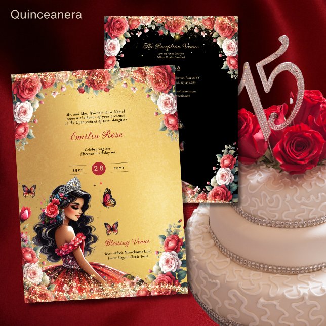 Invitation Robe noire Quinceanera rouge Papillons floraux (Créateur téléchargé)