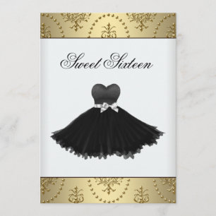 Invitation Robe Noire Sweet sixteen de lustre or Anniversaire
