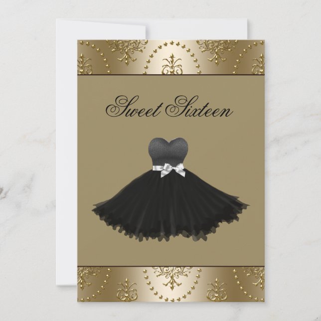 Invitation Robe Noire Sweet sixteen de lustre or Anniversaire (Devant)