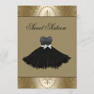 Invitation Robe Noire Sweet sixteen de lustre or Anniversaire
