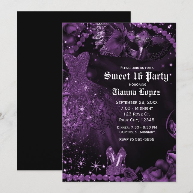 Invitation Robe noire violette Masquerade Sweet 16 Anniversai (Devant / Derrière)