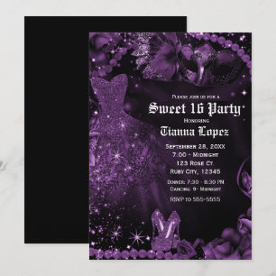 Invitation Robe noire violette Masquerade Sweet 16 Anniversai