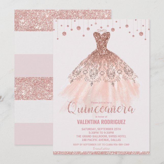 Invitation Robe or Chic Rose Quinceañera 15e anniversaire (Devant / Derrière)