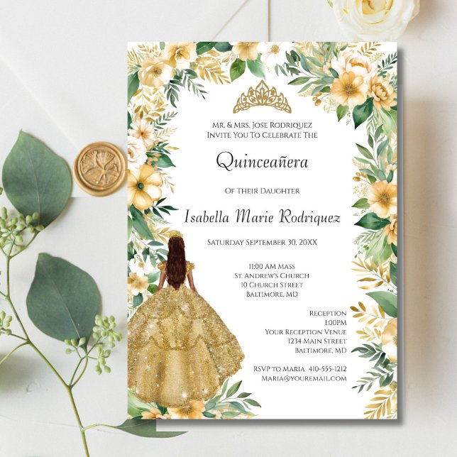 Invitation Robe Or Floral Élégant Formal Quinceanera (Gold Dress, Gold Florals with Greenery Quinceanera Invitation)