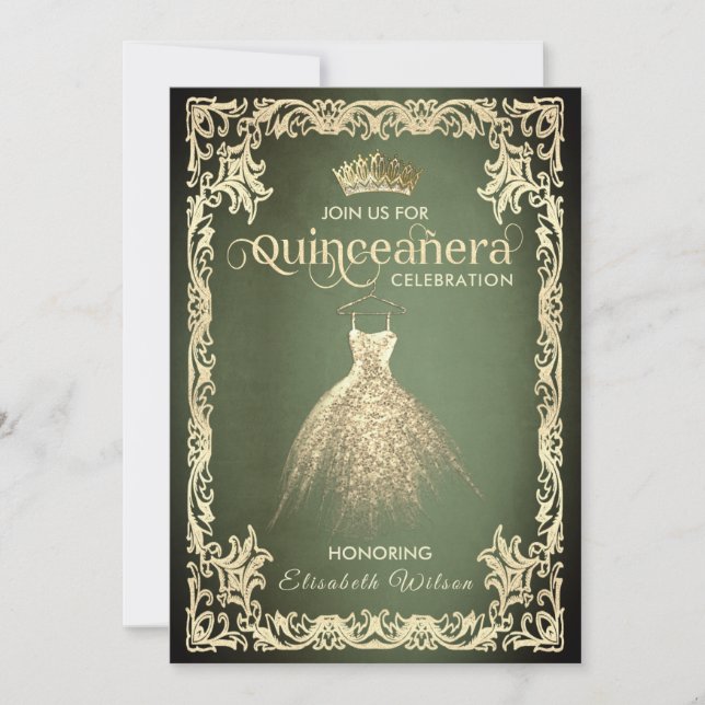 Invitation Robe or luxe vert chic tiara Quinceañera (Devant)
