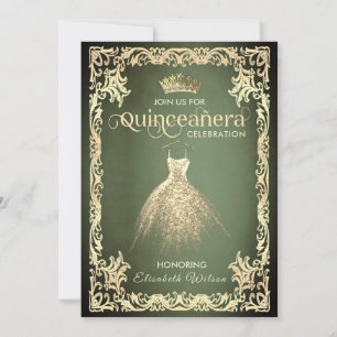 Invitation Robe or luxe vert chic tiara Quinceañera