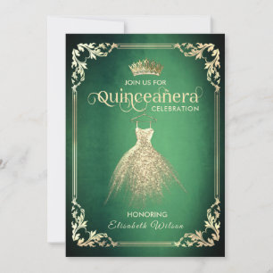 Invitation Robe or luxe vert chic tiara Quinceañera I