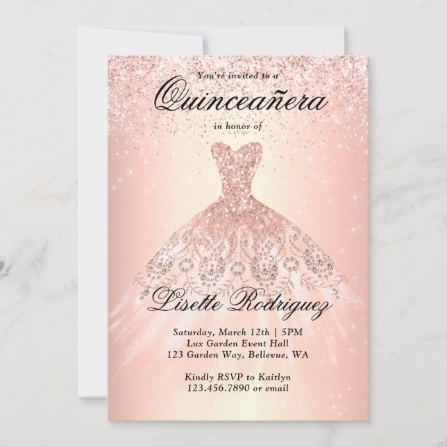 Invitation Robe or Rose élégante Quinceanera (Devant)