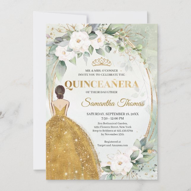 Invitation Robe or tiara couronne blanche roses verdure (Devant)