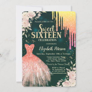 Invitation Robe Pailletée Ombre en Gouttes,Fleur Verte pour D