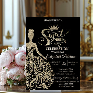 Invitation Robe pailletée or chic, Tiara Quinceañera noire