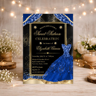 Invitation Robe Pailletée Or et Bleu Royal pour Sweet Sixteen