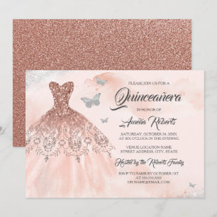 Invitation Robe pailletée or rose aquarelle pour Quinceanera