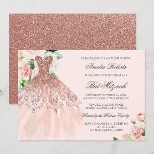 Invitation Robe pailletée or rose pour Bat Mitzvah florale