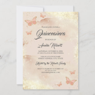 Invitation Robe Papillon Aquarelle Rose Gold Quinceanera