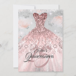 Invitation Robe papillon argent or rose Quinceanera