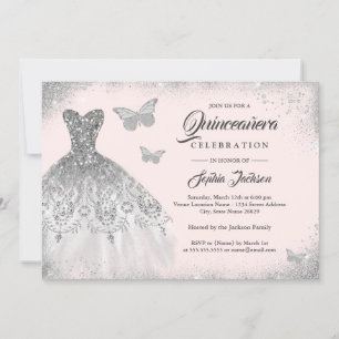 Invitation Robe papillon argenté Blush pour Quinceanera