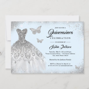 Invitation Robe papillon bleu argenté scintillant Quinceanera
