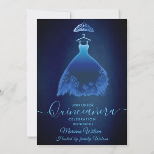 Invitation Robe papillon bleu moderne de minuit tiara Quince