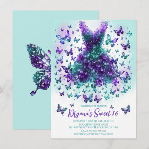 Invitation Robe Papillon en Cristal Sarcelle et Violet