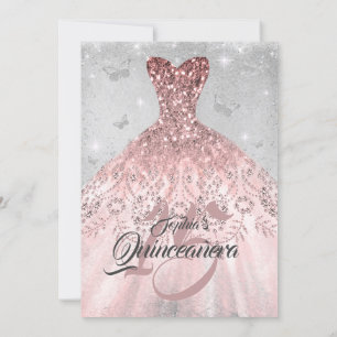 Invitation Robe papillon en or rose argenté Quinceanera