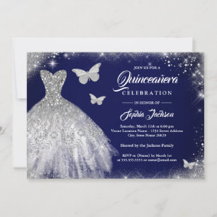 Invitation Robe papillon Navy Silver Sparkle Quinceanera