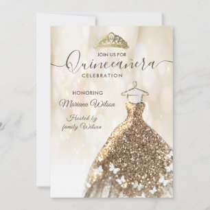 Invitation Robe papillon or bokeh moderne tiara Quince