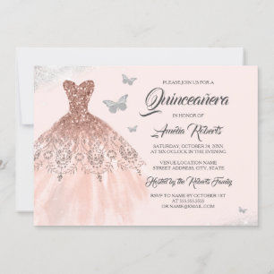 Invitation Robe papillon or rose pailletée Quinceanera