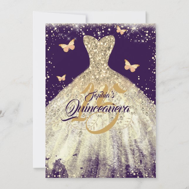 Invitation Robe papillon pourpre or étincelante Quinceanera (Dos)