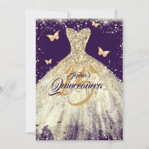 Invitation Robe papillon pourpre or étincelante Quinceanera